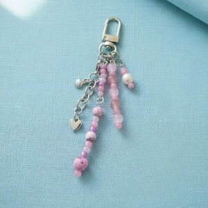 Pink & Silver Beaded Bag Charm Keychain with Pearl, Shell and Heart Charms